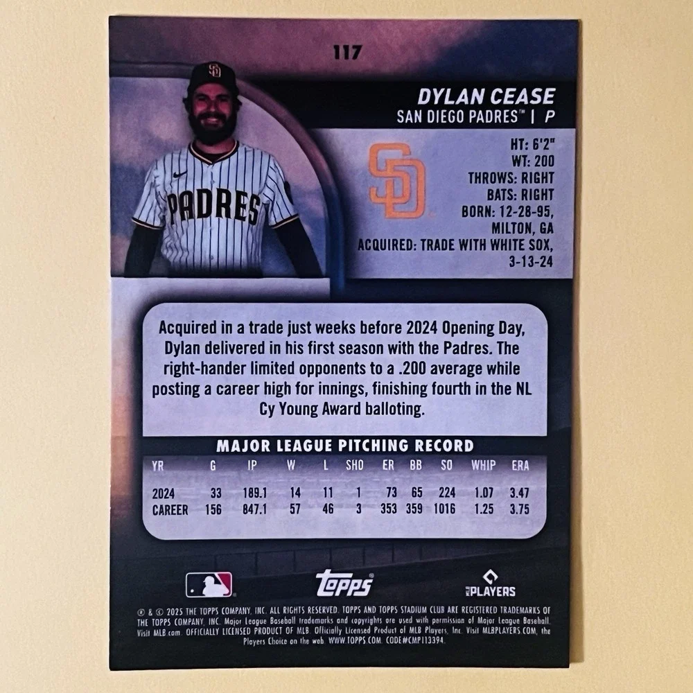 2025 Topps Stadium Club Baseball Dylan Cease #117 San Diego Padres‎